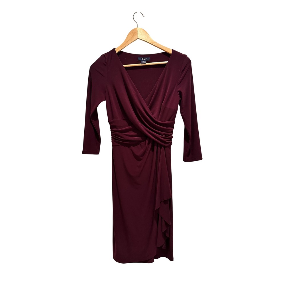 Chaps Womens XS Purple Faux Wrap Ruched Sheath Dress 3/4 Sleeve V-Neck